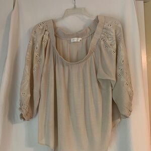 ASTR the label cream off shoulder top with floral embroidered sleeves